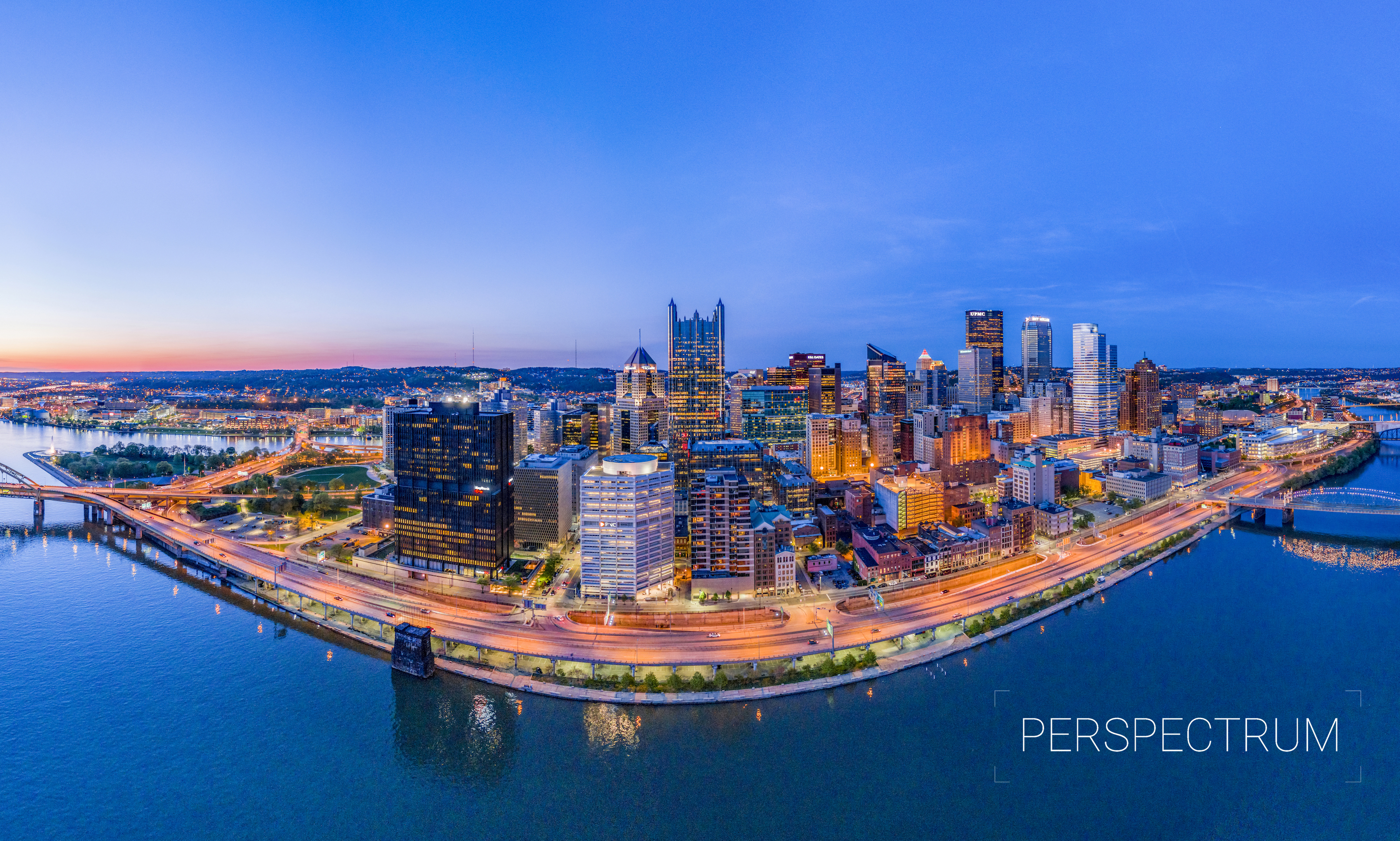 Aerial Pano of Downtown Pittsburgh at Last Light